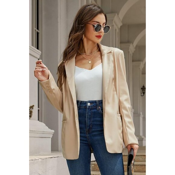 🆕 Women Cream Faux Leather Blazer Jackets Spring Fashion Vegan Button Down Coat - Picture 5 of 6